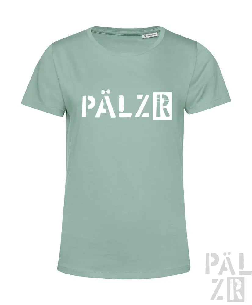 Minzgrünes T-Shirt mit weißem ’pälzr’-Logo-Design.