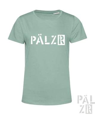 Minzgrünes T-Shirt mit weißem ’pälzr’-Logo-Design.
