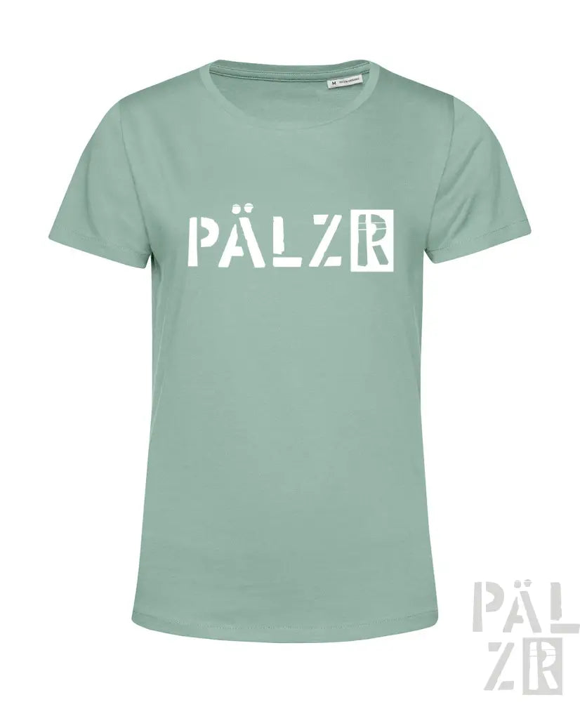 Münzgrünes T-Shirt mit ’pälzr’-Logo und grafischem Design.