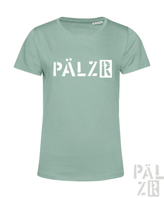 Minzgrünes T-Shirt mit weißem ’pälzr’-Logo-Design.