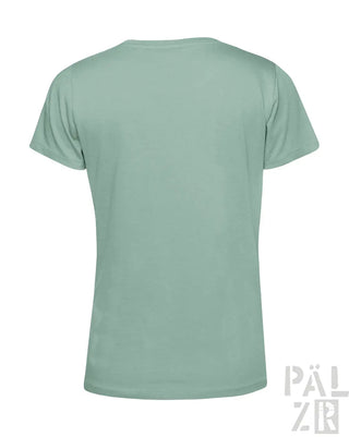 Münzgrünes T-Shirt mit V-Ausschnitt und kurzen Ärmeln, aus Baumwolle gefertigt.