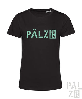Schwarzes T-Shirt mit minzgrünem ’pälzr’-Logo-Design, aus Baumwolle gefertigt.