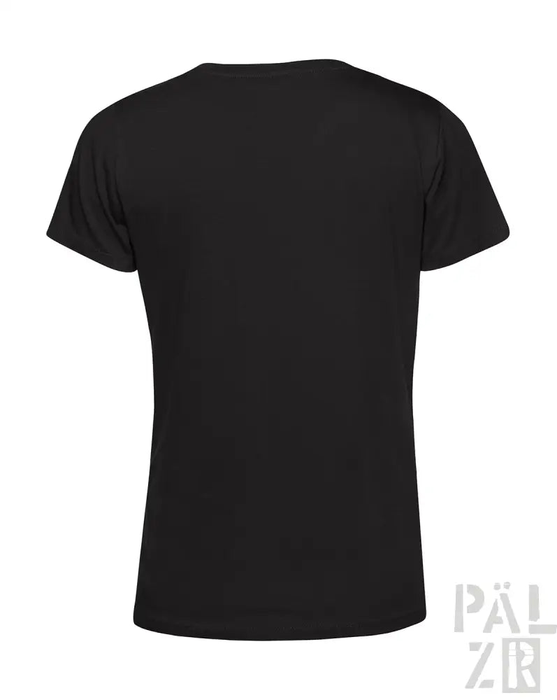 Schwarzes V-Ausschnitt-T-Shirt mit kurzen Ärmeln und einem einfachen Design.