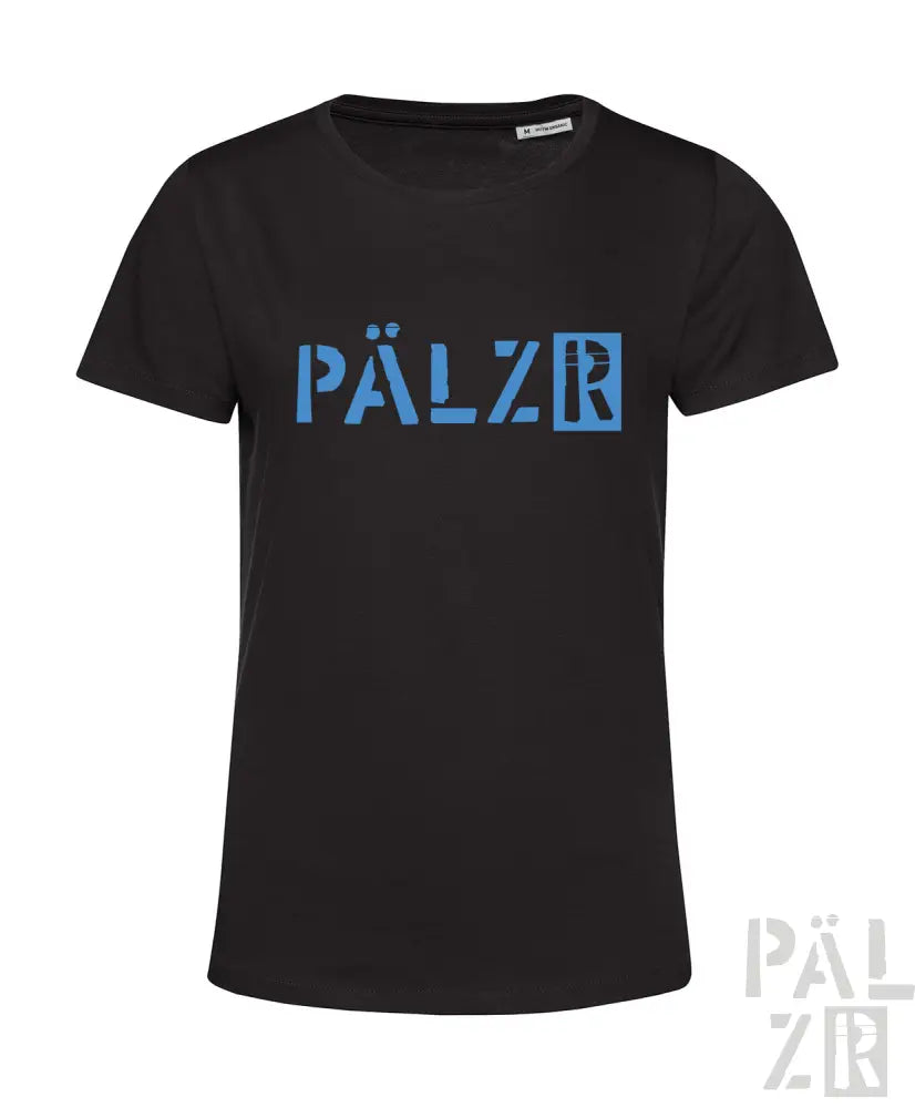 Schwarzes T-Shirt mit blauem ’pälzr’-Logo-Design.