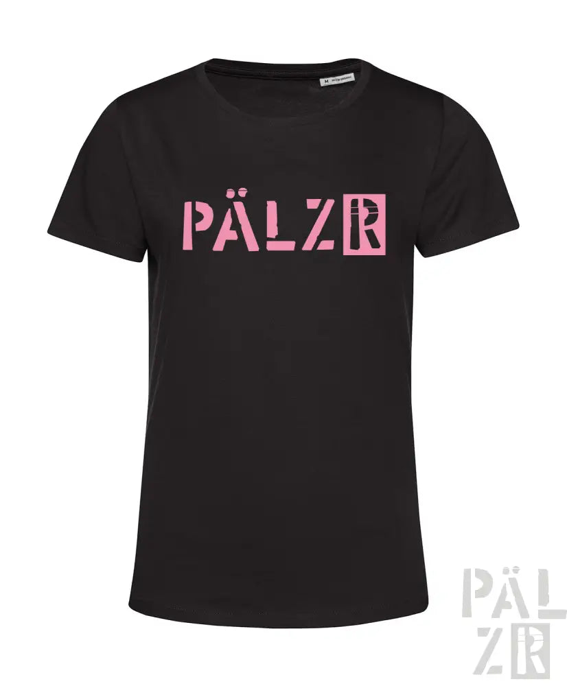 Schwarzes T-Shirt mit pinkem ’pälzr’-Logo-Design, Baumwollmaterial.