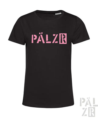 Schwarzes T-Shirt mit pinkem ’pälzr’-Logo-Design, Baumwollmaterial.