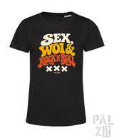 Schwarzes frauen t-shirt aus baumwolle mit retro grafik und text sex woi und rock n roll in creme gelb und orange