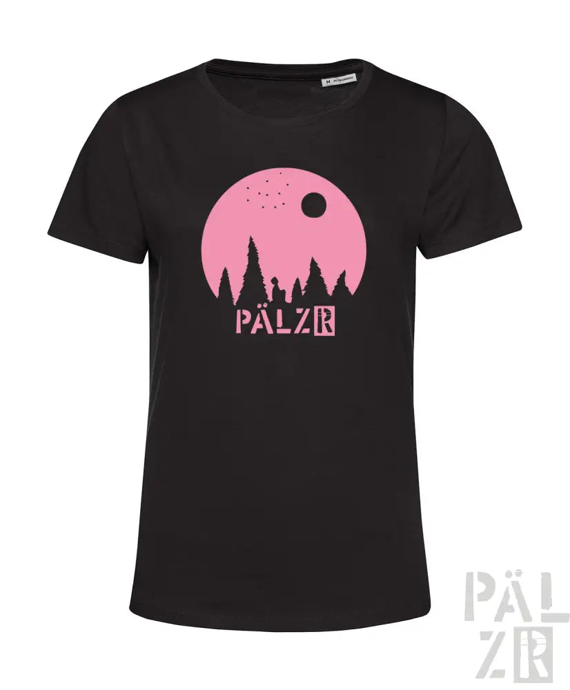 Schwarzes T-Shirt mit Design aus pinkem Mond und Bäumen, Logo ’pälzr’.