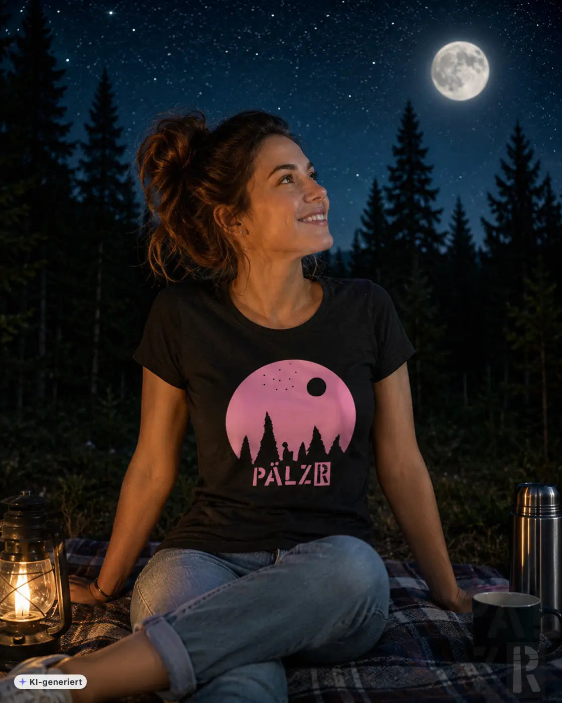 Frauen t-shirt sternegugger schwarz mit pinkem kreisgrafik und pälz schriftzug vor einem baum silhouette