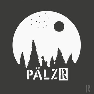 Frauen t-shirt sternegugger in verschiedenen farben mit weißem rundem pälzr logo und stilisiertem wald unter mondlicht