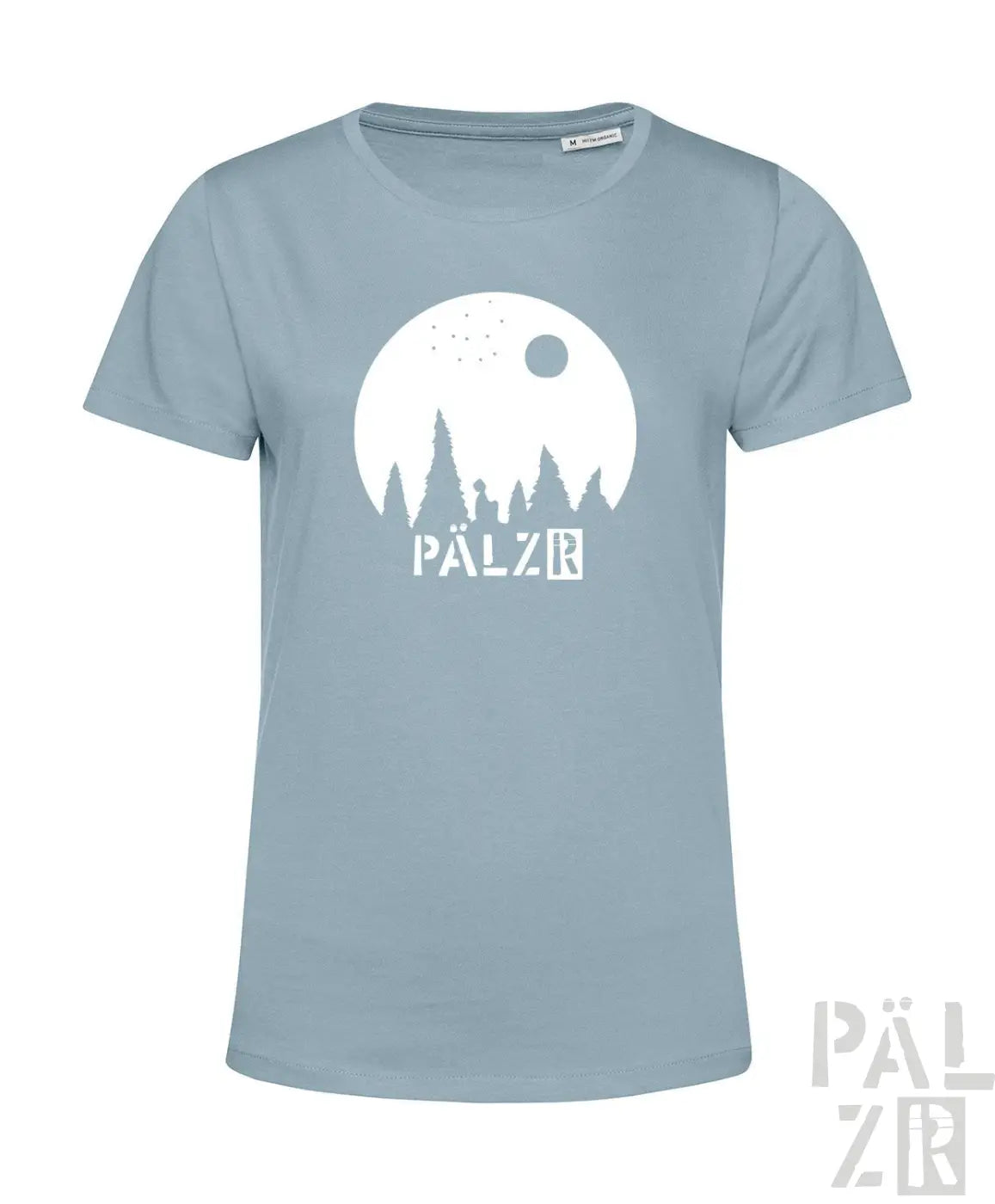 Frauen t-shirt sternegugger hellblau mit weißem waldmotiv unter mond und pälz schriftzug verschiedene farben