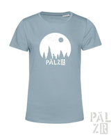 Frauen t-shirt sternegugger hellblau mit weißem waldmotiv unter mond und pälz schriftzug verschiedene farben