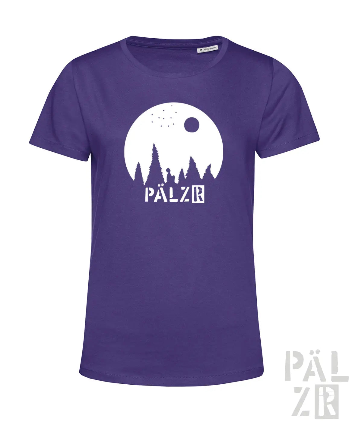 Frauen t-shirt in lila mit weißem mondwald-silhouettenmotiv und pälz schriftzug aus der sternegugger kollektion