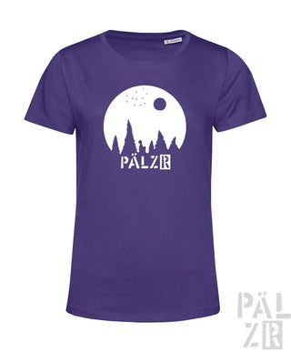 Frauen t-shirt in lila mit weißem mondwald-silhouettenmotiv und pälz schriftzug aus der sternegugger kollektion