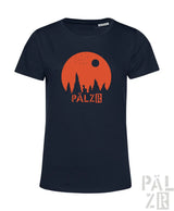 Frauen navy blaues kurzarm t shirt sternegugger mit orangefarbenem kreis und baumsilhouetten pälzr print