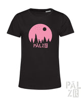 Schwarzes frauen t-shirt sternegugger mit pinkem kreis grafik mond bäume und aufdruck pälzr in pink