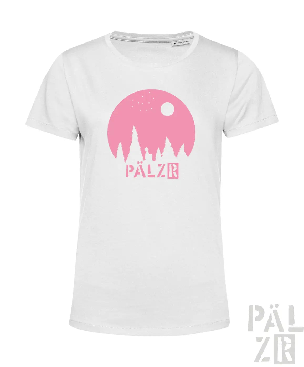 Weißes frauen t-shirt mit pinkem sonnengrafik und pälzr schriftzug aus sternegugger kollektion
