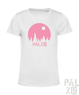Weißes frauen t-shirt mit pinkem sonnengrafik und pälzr schriftzug aus sternegugger kollektion