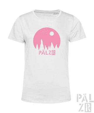 Weißes frauen t-shirt mit pinkem sonnengrafik und pälzr schriftzug aus sternegugger kollektion