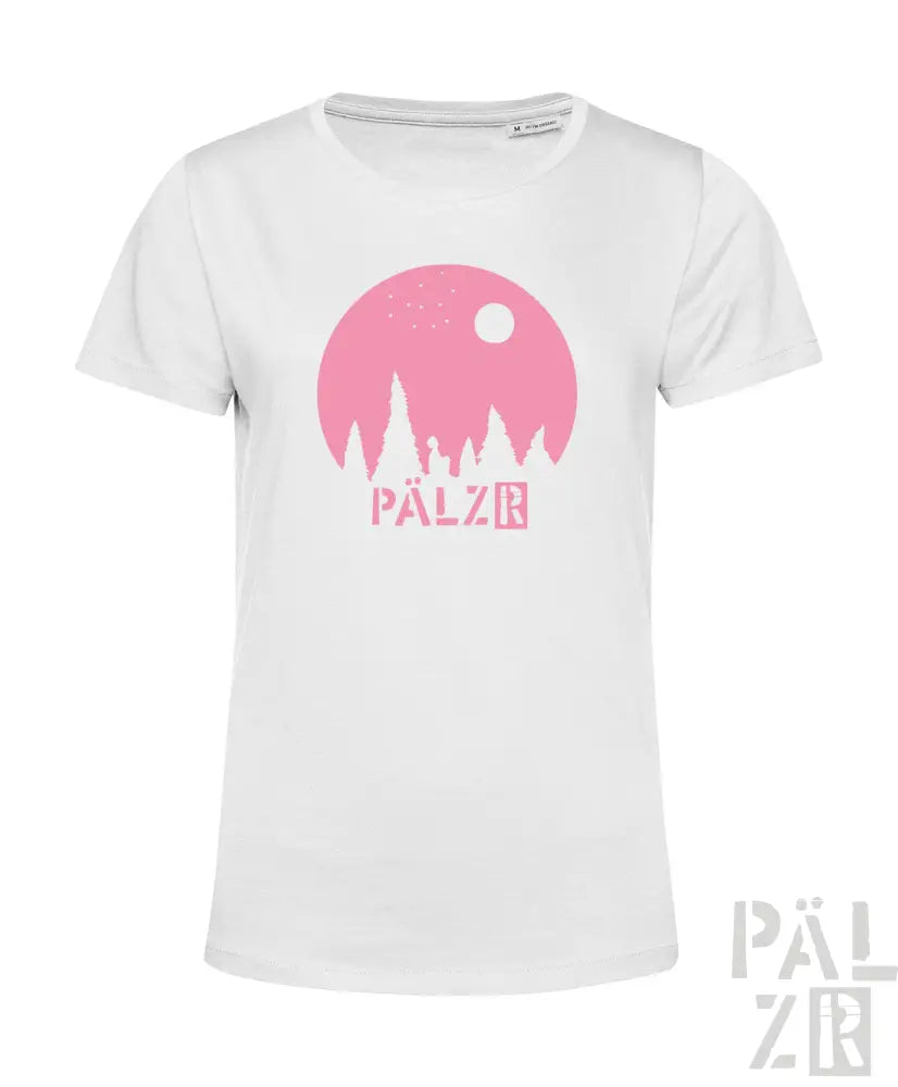 Weißes T-Shirt mit pinkem grafischem Design, das eine stilisierten Sonne und Bäume zeigt, aus Baumwolle.