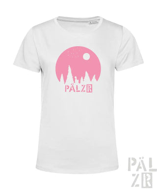Weißes T-Shirt mit pinkem grafischem Design, das eine stilisierten Sonne und Bäume zeigt, aus Baumwolle.