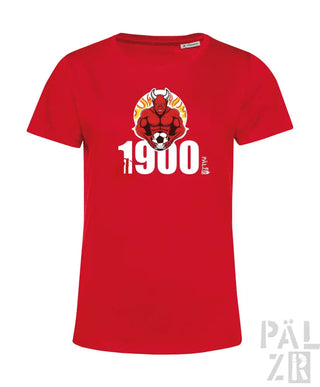Rotes T-Shirt mit Stier-Design und „1900“-Text, Baumwollmaterial.
