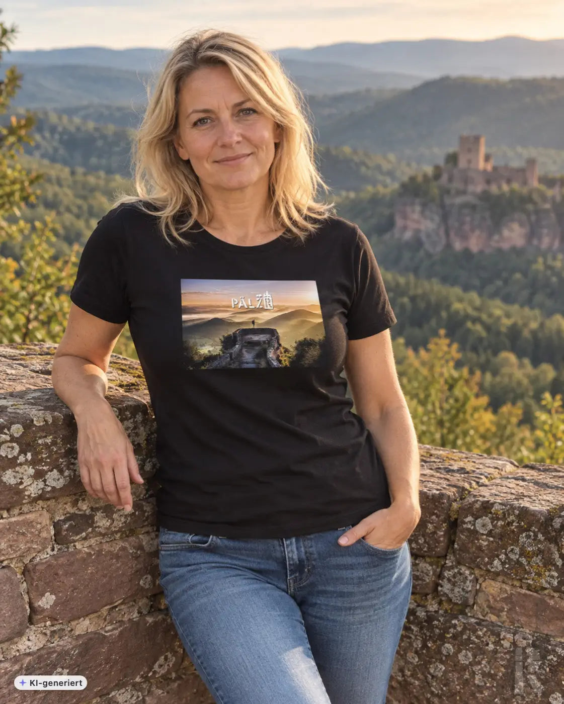 Schwarzes cotton t-shirt frauen trifels mit rechteckigem landschaftsprint und pal schriftzug vorne