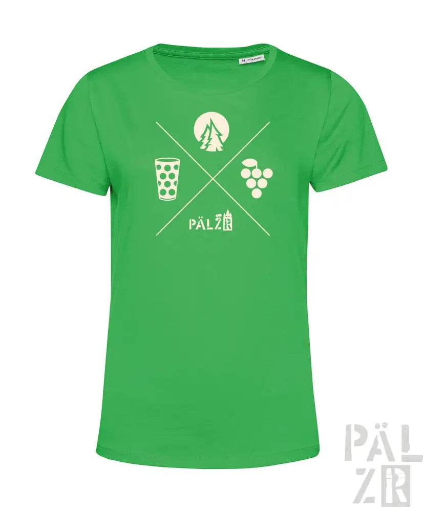 Grünes T-Shirt mit weißem Grafikdesign, das ein Glas Bier, Trauben und eine Silhouette eines Baums zeigt.