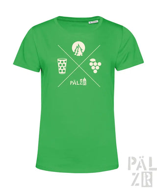 Grünes T-Shirt mit weißem Grafikdesign, das ein Glas Bier, Trauben und eine Silhouette eines Baums zeigt.