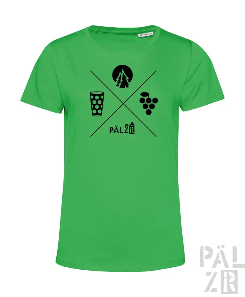 Grünes T-Shirt mit schwarzem Grafikdesign, das ein Bierglas, eine Baum-Silhouette und Trauben zeigt.