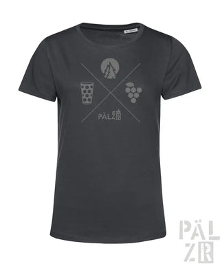 Kohle-graues T-Shirt mit Grafikdesign, das ein Zelt, ein Glas Wein und Trauben zeigt.