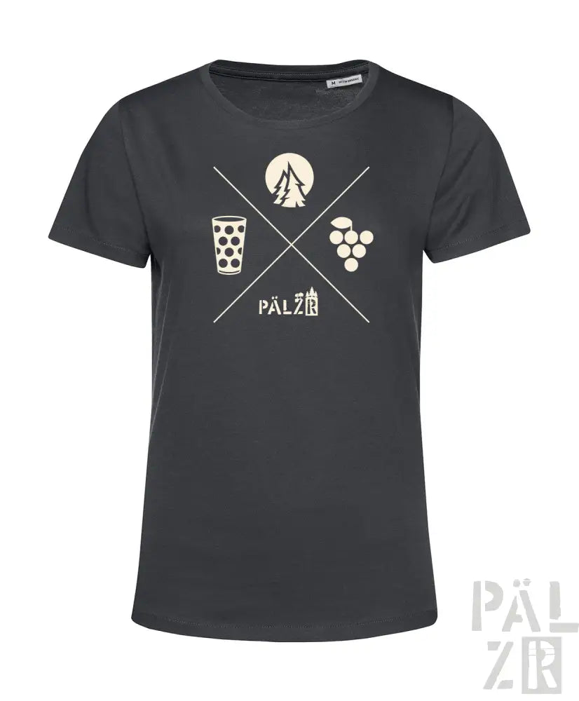 Anthrazit-graues Bio-Baumwoll-T-Shirt mit weißem Grafikdesign, das ein Glas Wein, Trauben und das Wort „pälzer“ in einer künstlerischen Schrift darstellt.