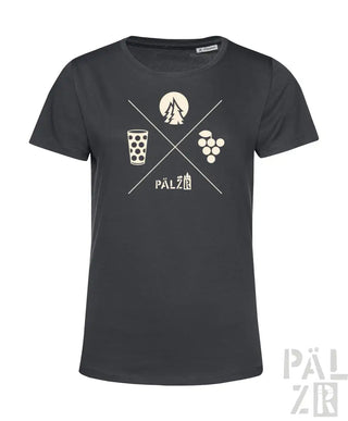 Anthrazit-graues Bio-Baumwoll-T-Shirt mit weißem Grafikdesign, das ein Glas Wein, Trauben und das Wort „pälzer“ in einer künstlerischen Schrift darstellt.