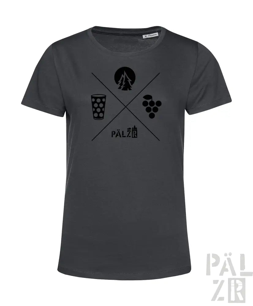 Holzgraues T-Shirt mit schwarzem Grafikdesign, das ein Bierglas, Trauben und das Wort ’pälzer’ in fetten Buchstaben zeigt.