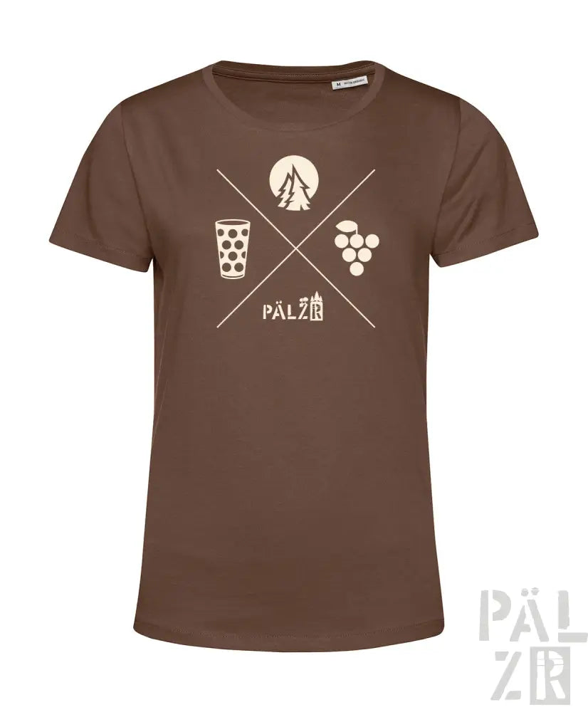 Braunes T-Shirt mit weißem Grafikdesign, das ein Glas Wein, Trauben und das Wort ’pälzer’ in gestylter Schrift zeigt.