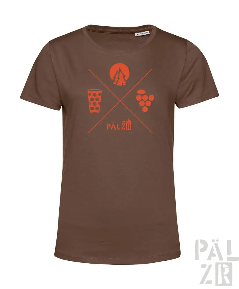 Braunes T-Shirt mit orangefarbenem Grafikdesign, das ein Bierglas, Trauben und das Wort ’palzir’ in fetten Buchstaben zeigt.