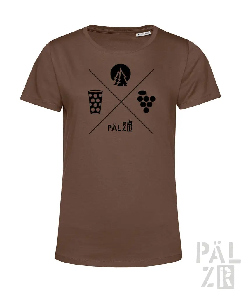 Braunes T-Shirt mit schwarzem Grafikdesign, das ein Bierglas, Trauben und Silhouette eines Baums zeigt.