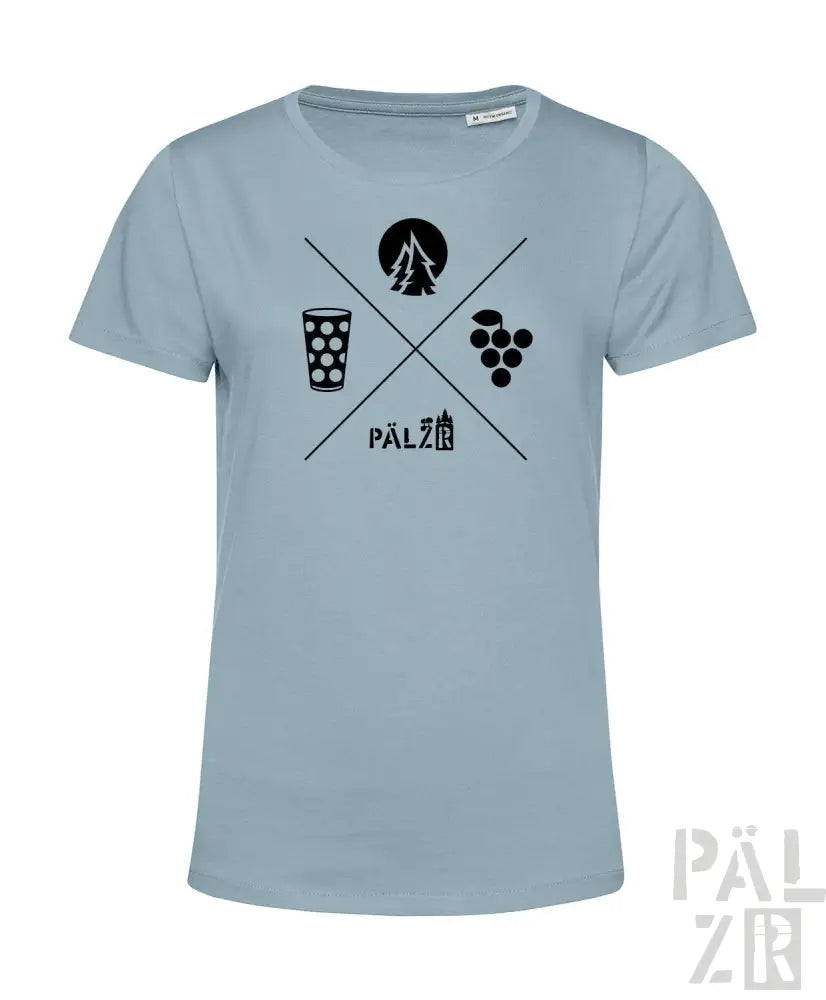Hellblaues Bio-Baumwoll-T-Shirt mit schwarzem Grafikdesign, das ein Bierglas, Trauben und das Wort „pälzer“ mehrmals darauf zeigt.