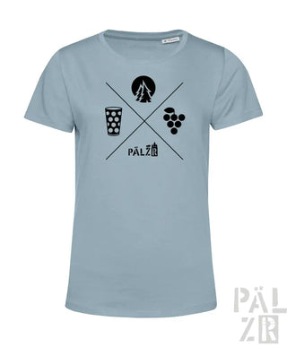 Hellblaues Bio-Baumwoll-T-Shirt mit schwarzem Grafikdesign, das ein Bierglas, Trauben und das Wort „pälzer“ mehrmals darauf zeigt.