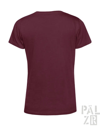 Bordeauxfarbenes V-Ausschnitt-T-Shirt mit einfachem Design und kurzen Ärmeln, wahrscheinlich aus Baumwolle oder Polyester-Mischung gefertigt.