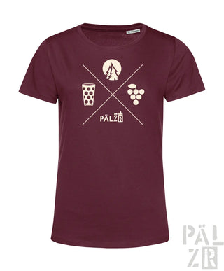 Burgunder-farbenes Bio-Baumwoll-T-Shirt mit Design aus Weinglas, Baum und Trauben.