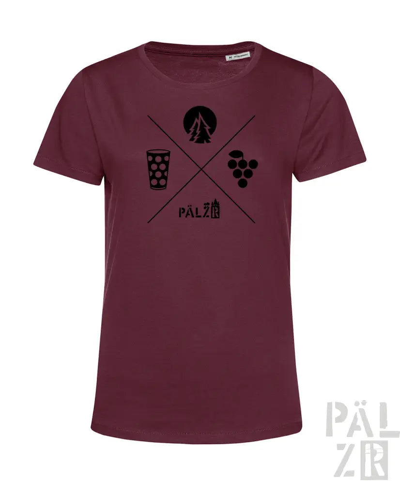 Bordeaux-T-Shirt mit schwarzem Grafikdesign, das ein Bierglas, Trauben und eine Baum-Silhouette zeigt.