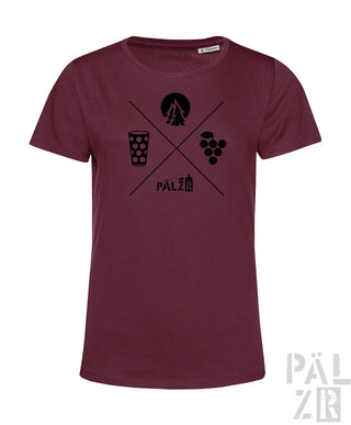 Bordeaux-T-Shirt mit schwarzem Grafikdesign, das ein Bierglas, Trauben und eine Baum-Silhouette zeigt.