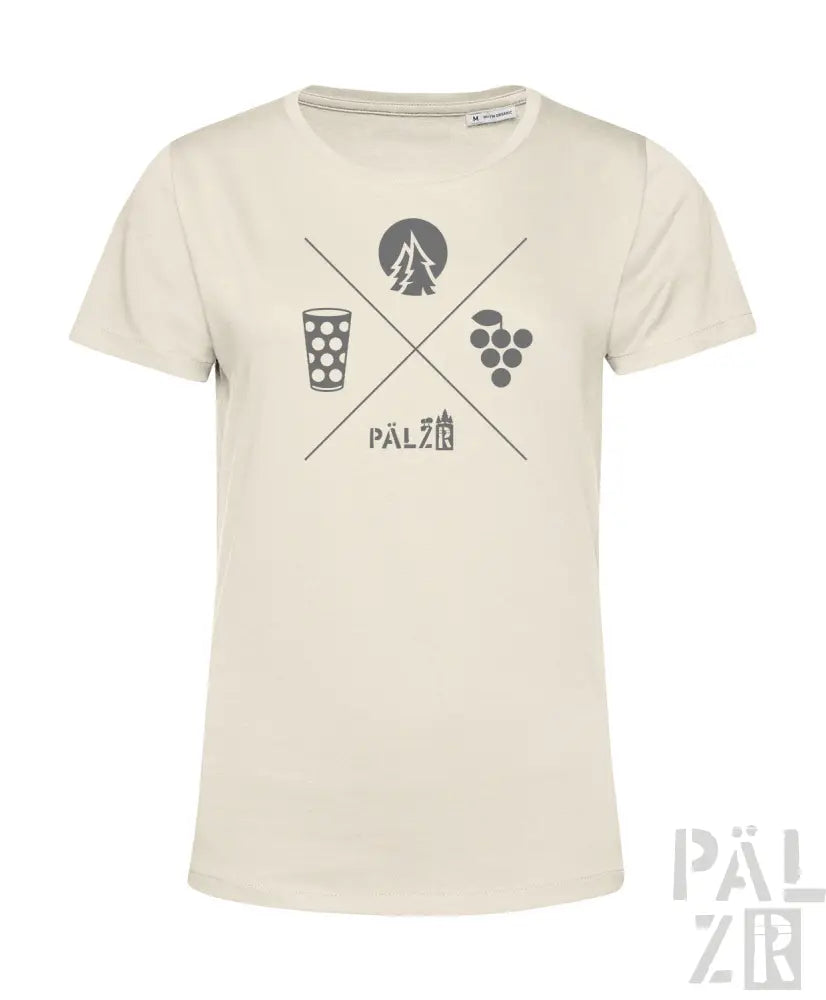 Cremeweiße Bio-Baumwoll-T-Shirt mit einem Grafikdesign, das Bier, Weinglas und Trauben kreuzweise überlagert darstellt.