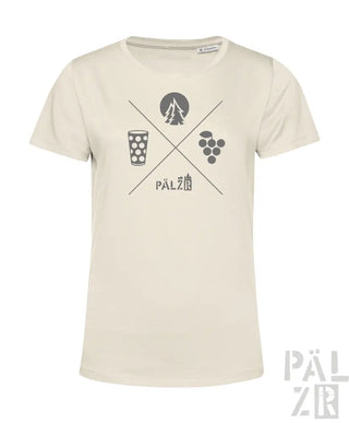 Cremeweiße Bio-Baumwoll-T-Shirt mit einem Grafikdesign, das Bier, Weinglas und Trauben kreuzweise überlagert darstellt.