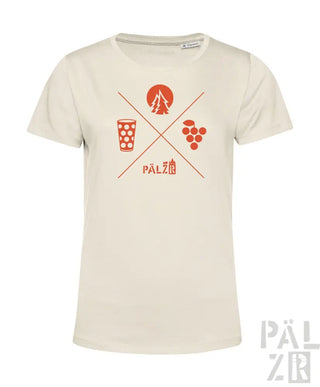 Cremeweißes T-Shirt mit orangem und rotem Grafikdesign, das ein Bierglas, Trauben, Silhouette eines Baums und den Text ’pälzb’ zeigt.