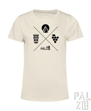 Cremeweiße Bio-Baumwoll-T-Shirt mit schwarzem Grafikdesign, das ein Bierglas, eine Baum-Silhouette und Trauben zeigt.