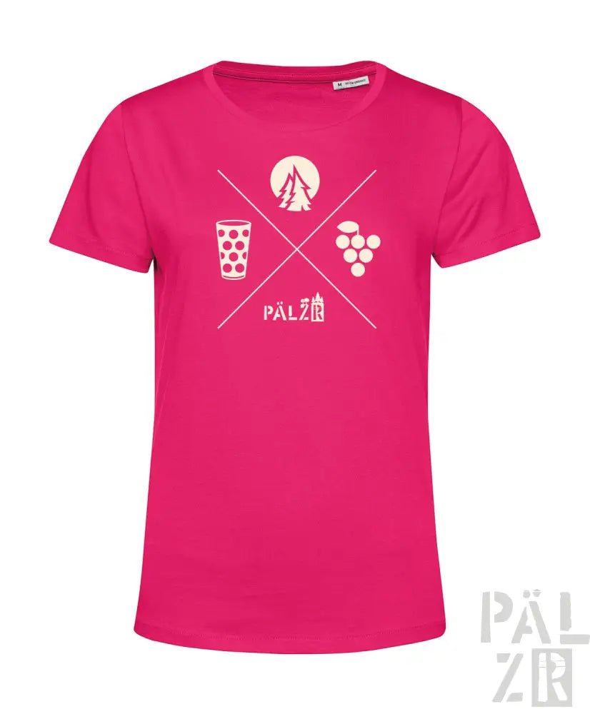 Rosa T-Shirt mit weißem grafischen Design, das ein Weinglas, Trauben und das Wort ’pälzer’ in einem X-Muster zeigt.