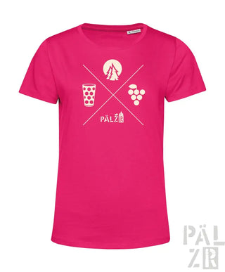 Rosa T-Shirt mit weißem grafischen Design, das ein Weinglas, Trauben und das Wort ’pälzer’ in einem X-Muster zeigt.