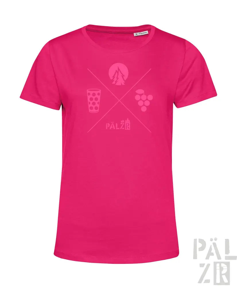 Rosa T-Shirt mit Grafikdesign, das ein Kreuz aus Icons und Text zeigt, Material wahrscheinlich Baumwolle oder Polyester-Mischung.